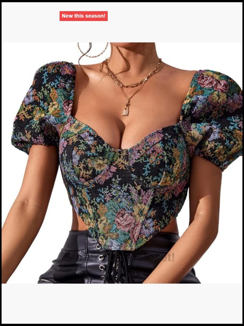 Women's Floral Embroidered Puff Sleeve Crop Top Corset Bustier Sheer Mesh Lace